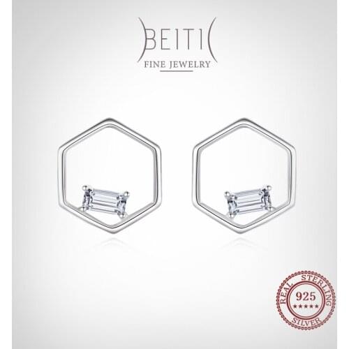 Beitil Classic Hexagon Design CZ Stud Earrings For Women Authentic 925 Sterling Silver Simple Geometric Fine Jewelry
