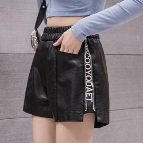 Black latters Leather Shorts Women High Quality Wide Leg Faux Leather Shorts High Waist Shorts For Women Autumn Loose PU Shorts