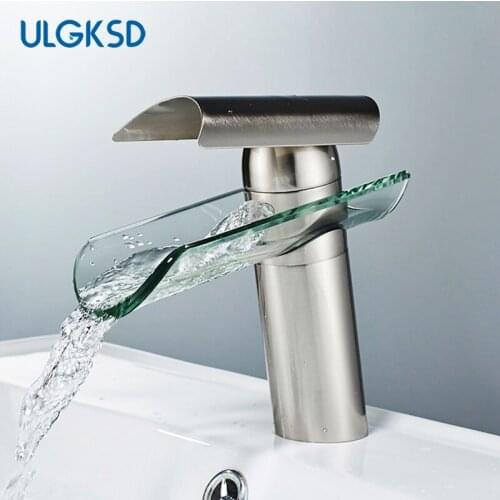 Bathroom Basin Faucet Waterfall Spout Glass Solid Brass Body Deck Mount Sink Faucet Single Handle Cold Hot Water Mixer Tap Crane