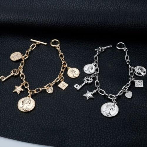 Vintage Gold Coin Key King Queen Star Pendant Bracelet Bangle 2Colors Handmade Bracelets Jewelry Party Accessory