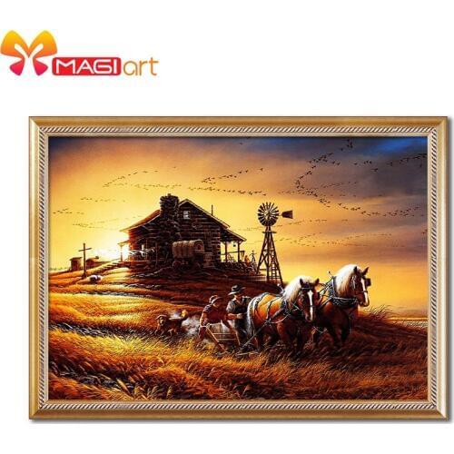 Cross stitch kits Embroidery needlework sets 11CT water soluble canvas patterns 14CT Pastoral Style Farm sunset-NCMS009