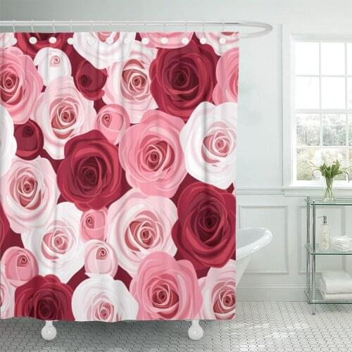 Colorful Flower with Red and Pink Roses Floral Maroon Shower Curtain Waterproof Polyester Fabric 72 x 72 inches Set with Hooks