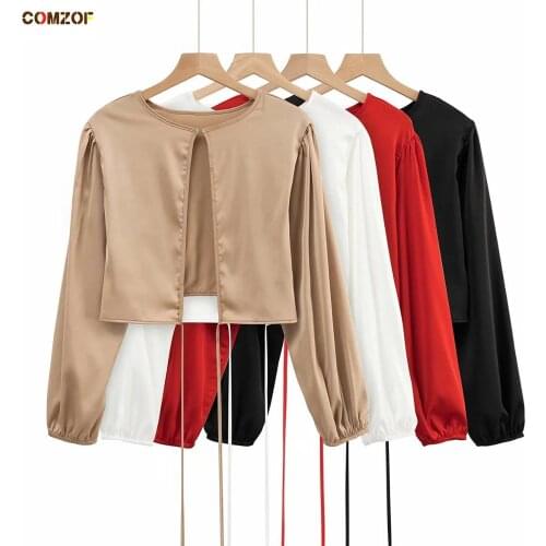 2021 Spring Women Satin Shirt Long Sleeve Hollow Out Bandage Crop Tops Clothing New Arrival Lady Blusas Roupas Femininas
