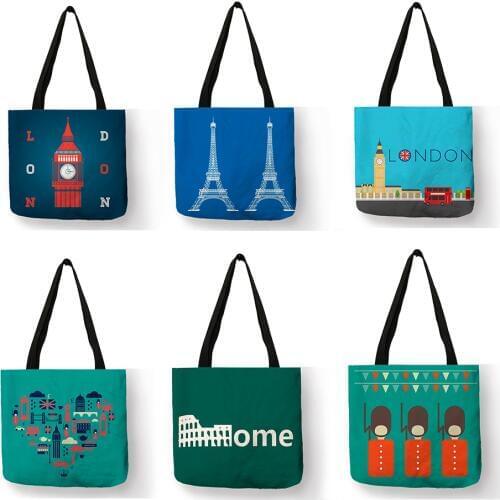 High Quality Linen Shoulder Bag London Big Ben Tower Rome Print Tote Bag Fashion Ladies Women Casual Beach Shopping Bag Handbags