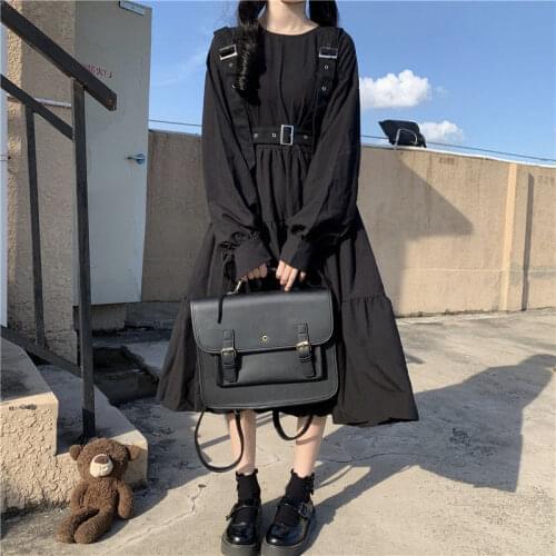 Oshoplive Gothic Emo Women Midi Dress Long Sleeve Large Size High Waist Black Sweet Cute Waist Pleated A-line Halloween Skirt