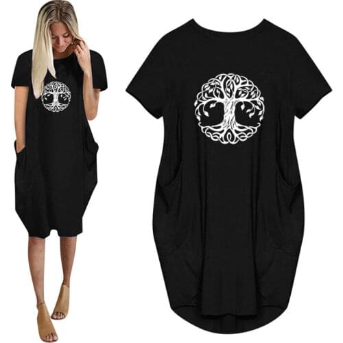 New Summer Mandala Circle Trees Women Casual Loose Dress With Pocket Ladies Fashion O Neck Long Tops Female T Shirt Dress