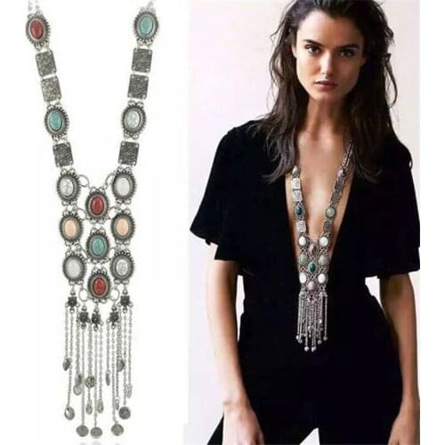 Trendy Bohemian Stone Tassel Choker Necklace Woman Vintage Exaggerate Geometry Chunky Chains Necklaces Fashion Collier Jewelry