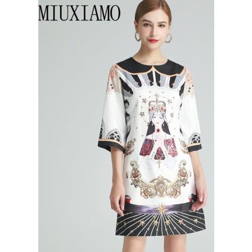 MIUXIMAO 2021 Spring Summer Wear Diamond Inlaid Beauty Print Medium Sleeve Elegant Fashion Vestidos Vintage Dress Women