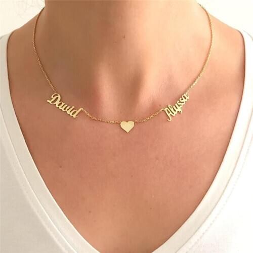 Gold Chain Double Name Heart Necklace Women Custom Two Name Stainless Steel Collier Femme Personalized Jewelry Bridesmaid Gift
