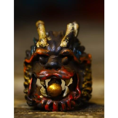 1" Tibet Buddhism Old Bronze Tracing Chinese dragon statue Dragon head Ring wristband Pendant Exorcism Ward off evil spirits