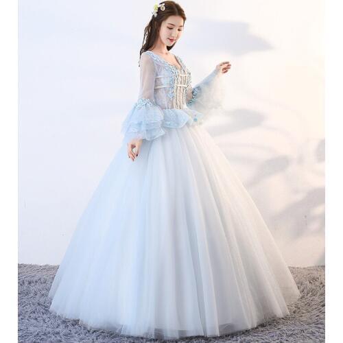 100%real luxury light dream blue flare sleeve belle dancen cosplay ball gown medieval dress/victorian belle ball