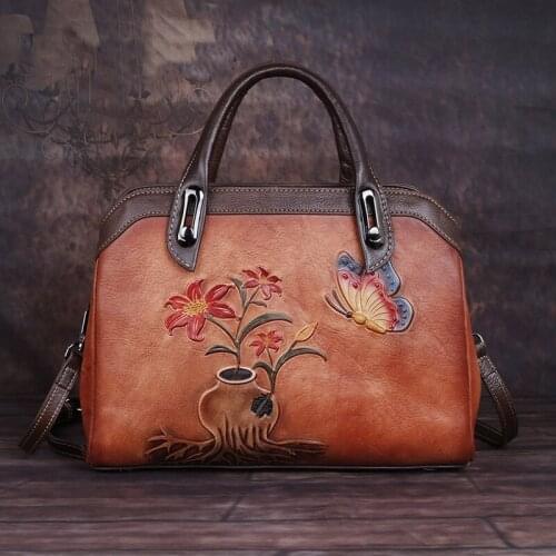 2021 Winter Genuine Leather Women Bag Handmade Embossing Luxury Handbag Retro Large Capacity Shoulder Crossbody Bags Sac A Main
