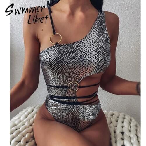 Brazilian bikini thong bodysuits one-piece swimsuit female Snake print monokini High cut swimwear women String biquini new 2020