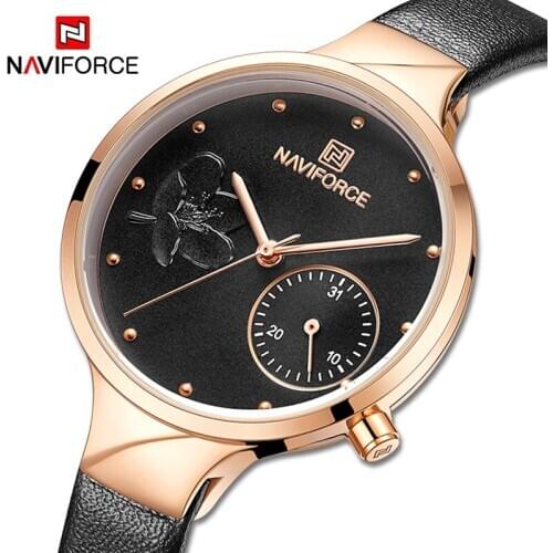 NAVIFORCE Leather Strap Womens Watches Fashion Ladies Quartz WristWatch Waterproof Watch Simple Girls Clock Relogio Feminino