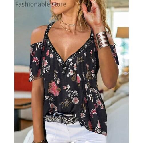 Women Cold Shoulder Studded Floral Print Top Female Casual Short Sleeve Blouse