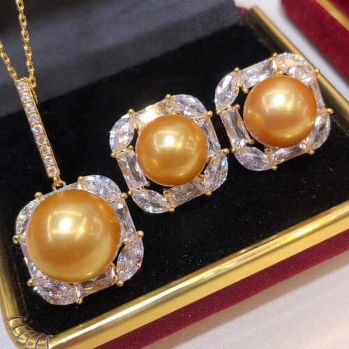 D908 Pearl Set Fine Jewelry 925 Sterling Silver Round 10-11mm Fresh Water Golden Pearls Jewelry Sets for Women Presents