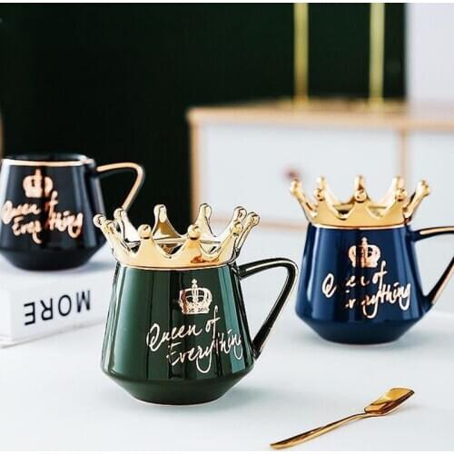 Nordic Style Creative Crown Mug With Spoon Lid Coffee Milk Cup Ins Cute Ceramic Mugs 300ml Capacity Water Cups X-mas Gift
