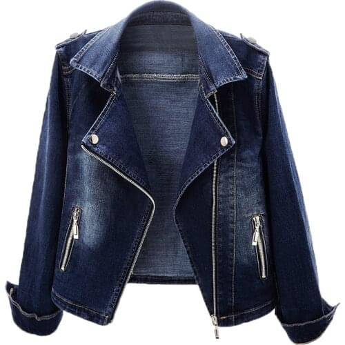 Autumn Womens Denim Jacket Coat New Fashion Slim Stretch Suit Collar Jeans Outerwear Female Short Motorcycle Jacket Tops AH164