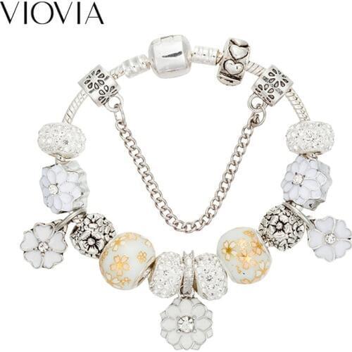 VIOVIA Hot Sale Romantic Charms Bracelet & Bangles Flower Pendant Bracelet for Women Diy Jewelry Fit Wedding Gift B18014