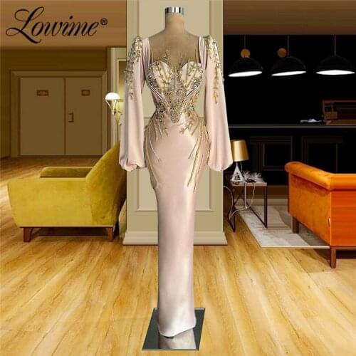 Lowime Light Pink Beaded Evening Dresses Dubai Design Long Sleeves Party Gowns For Weddings Arabic Prom Dress Robe De Soiree