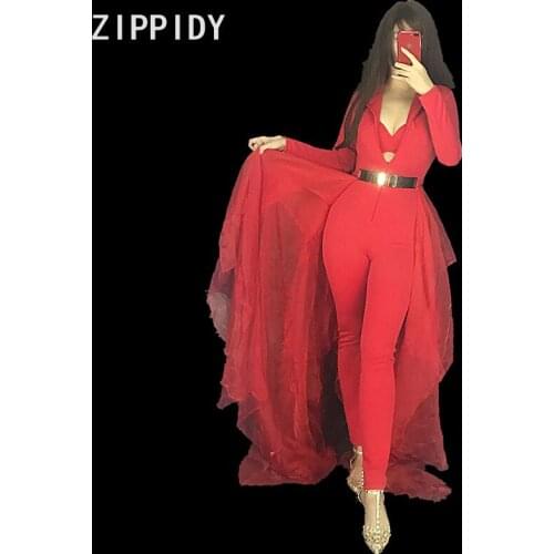 Fashion Long Sleeves Red Jumpsuit Women Clothes Dance Bodysuit Bra Mesh Tail Outfit Nightclub Stage Show Outfit