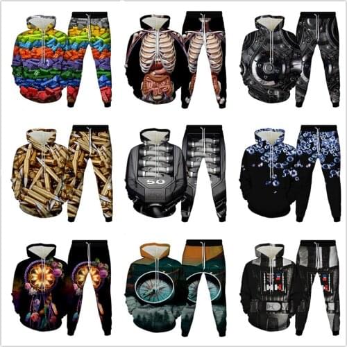 Men Harajuku Style Clothes Engine Bullet Skeleton Flower Clock Diamond Printing Tracksuit Women Hoodies Trousers 2Pcs Sets S-6XL