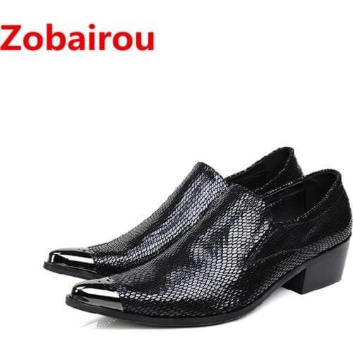Zobairou zapatos hombre genuine leather shoes men black slipon mens dress shoes high heels pointy brogue shoes sapato social