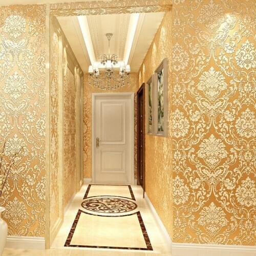 Yiwumart Non-woven 3D Flocking Thickening Gold Wallpaper For Hotel Guest Room Bedroom Wall Paper Embossed Decorative Wallpaper