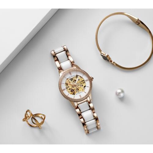 OUPAI 2020 New Hollowing Out Automatic Watch Women Luxury Fashion Ceramic Bracelet Waterproof with Red Leather Band Lady Watch