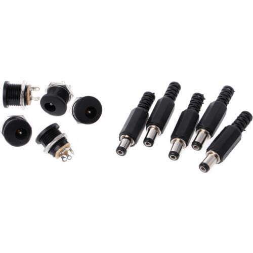 OOTDTY 5 Pcs 5.5mm x 2.1mm Male DC Power Plug Connector+5 Pcs Screw Lock Female Panel Socket Mount Adapter