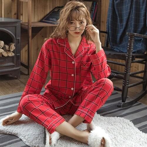 Autumn/winter New Style Cotton Womens Plaid Striped Pajamas, Casual Korean Style Lapel Long-sleeved Pullover Plus Size Homewear