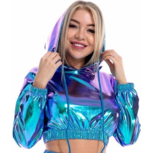 Sexy Cropped Holographic Hoodies Women Shiny PU Metallic Hoody Long Sleeve Short Sweatshirt With Drawstring Pullovers Streetwear
