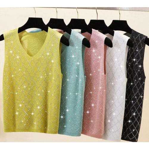 Sexy Shiny Knitted Top Summer V-neck Diamonds Tank Top Women Slim Top Female Bling Sleeveless T-shirt Vest Camis