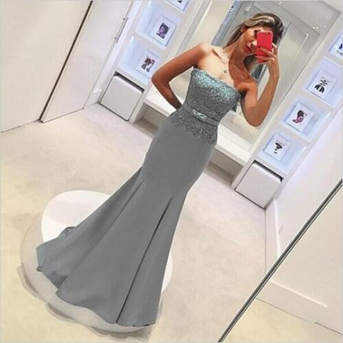 Gray Mermaid Bridesmaid Dresses Long Strapless Backless Elegant Cheap Lace Wedding Party Gowns Applique Maid of Honor Dress