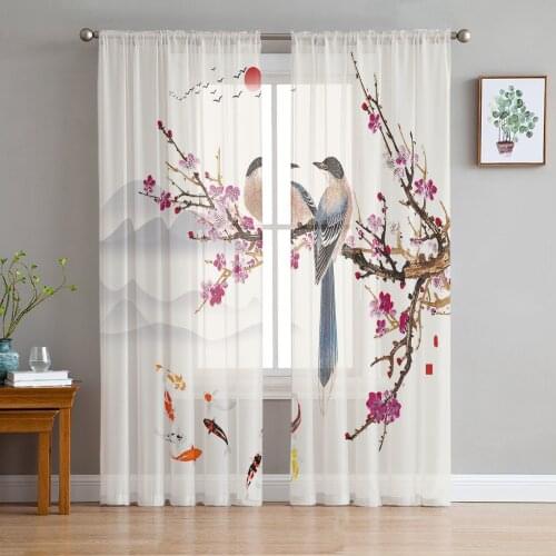 Plum Blossom Magpie Carp Screens Voile Tulle Sheer Curtains for Bedroom Living Room Kitchen Decor Chiffon Windows Curtain