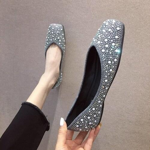 Rhinestone pearl studs slip on grandma shoes women square toe shallow flats loafers sequined fabric crystal ballerina woman 2020