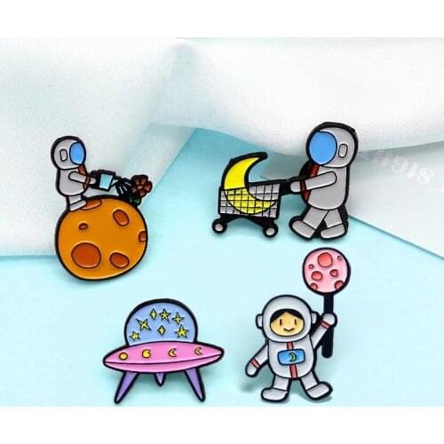 XEDZ Crazy Astronaut Metal Enamel Pin Planet Lollipop Probe Moon Shopping Cart lapel badge Punk Button Pins Jewelry Gift