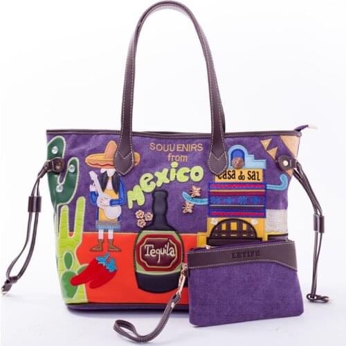 Women Canvas Patchwork Embroidery Shoulder Bags Female Handbags Totes Braccialini Brand Style Cartoon Mexican Landscape