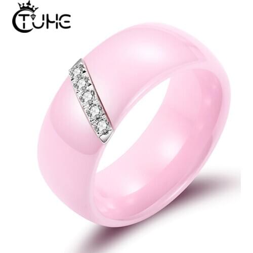 Unique 6/8MM Crystal Ceramic Ring For Women Cubic Zirconia Stone White Black Smooth Surface Ceramic Wedding Engagement Ring Gift