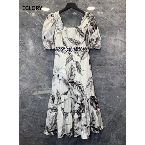 100%Cotton Dress New 2021 Summer Style Women Sexy Square Collar Vintage Print Short Sleeve Mid-Calf Length White Green Dress