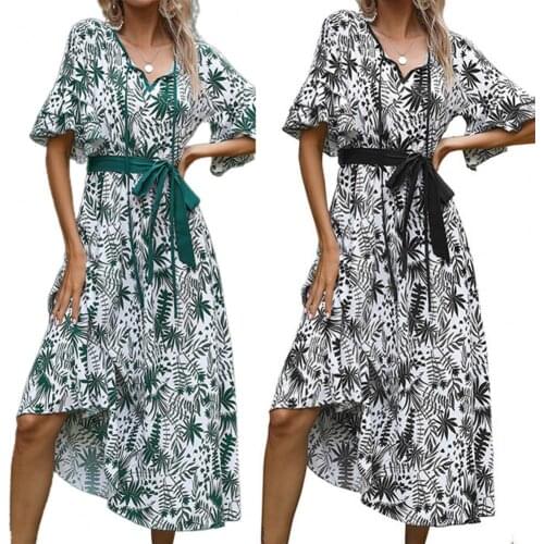 New Ruffle Half Sleeve Dress Women Plant Leaf Print Thin V Neck Lace-Up Large Hem Midi Dress Streetwear floral vestido verao