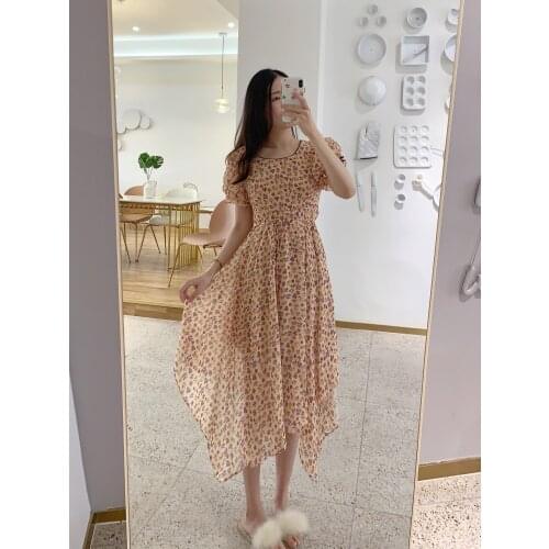 Woman Gentle first love fairy dress 2020 New fashion lace dress vintage o-neck short puff sleeve flower print chiffon dress