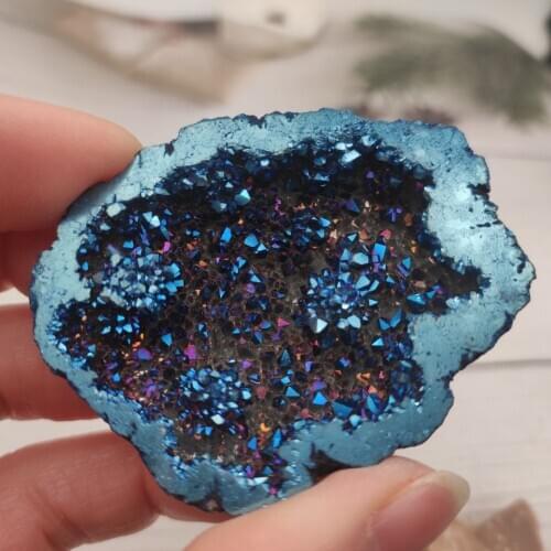 1pcs Natural Angel Aura Agate Geode Crystal Hole Mineral Specimen Contains Clean Clusters Electro Plating Titanium Coating