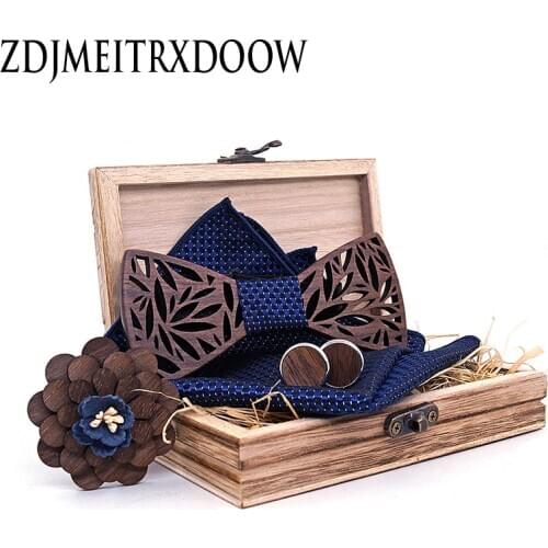 2020 Navy Blue Hollow Carved Wooden Bowtie Pocket Square Set Navy Floral Wood Bow Ties For Men Wedding Box Fashion Novelty T201