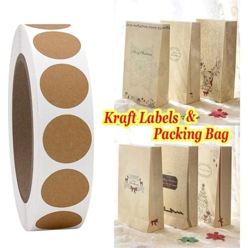 5pcs Christmas Gift Bags +1 Roll 500 Labels Merry Christmas Kraft Paper Candy Bag Party Supplies Bread Seen Snack Baking Bag