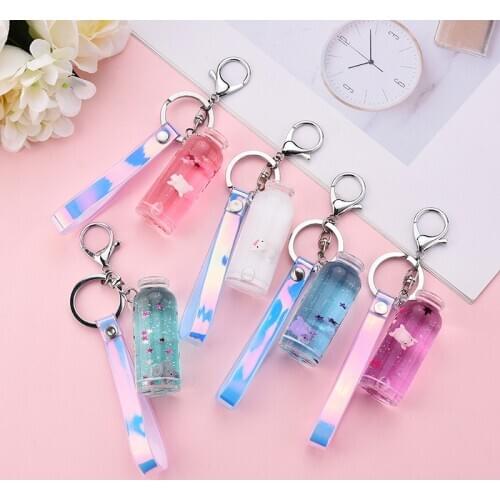 Macarons Drift Bottle Surf Pig Acrylic Women Men Keychain Move Liquid Oil Keyring Backpack Key Chain Couples Girlfriend Gift
