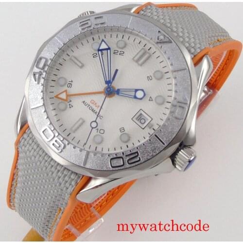 Bliger No Logo GMT White Dial Automatic Men Watch Sapphire Glass Calendar Rotating Bezel Rubber Strap
