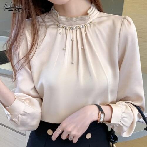 Mujer De Moda 2021 Fall Women Blusas Long Sleeve Blouse Beading Stand Collar Chiffon Blouse Shirt Top Women Clothes Blusa 16229