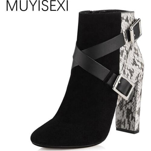 MUYISEXI Genuine Leather Autumn Boots For Women Square High Heel with Buckle Ankle Boots Black Mixed Color Snakes Pattern HL12
