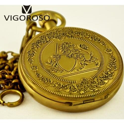 VIGOROSO Luxury Pocket Watch Antique Wind up Mechanical Watch High Quality Pure Copper Fob Chain Clock Roman Numerals Analog Men